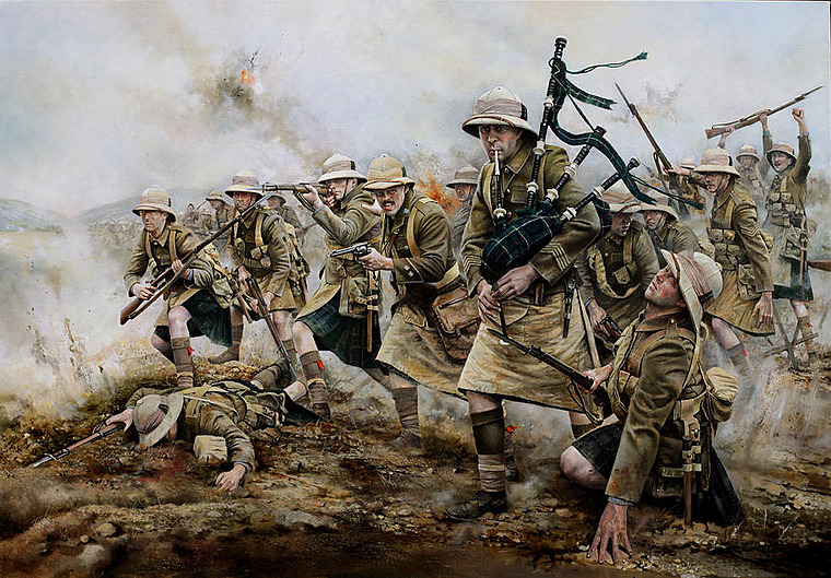 Picture of  a painting of a piper leading  troops into battle.
